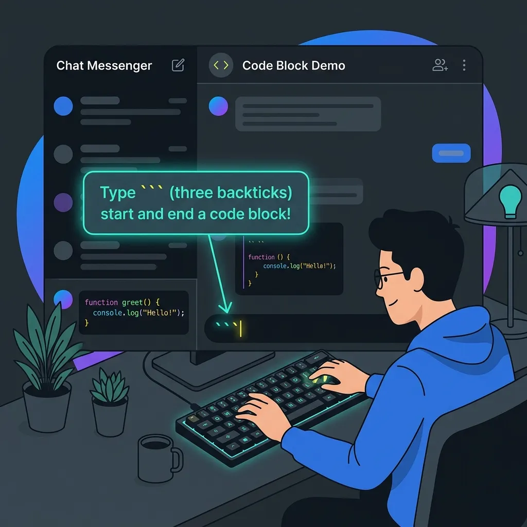 Illustration of a user typing three backticks to create a code block in Discord