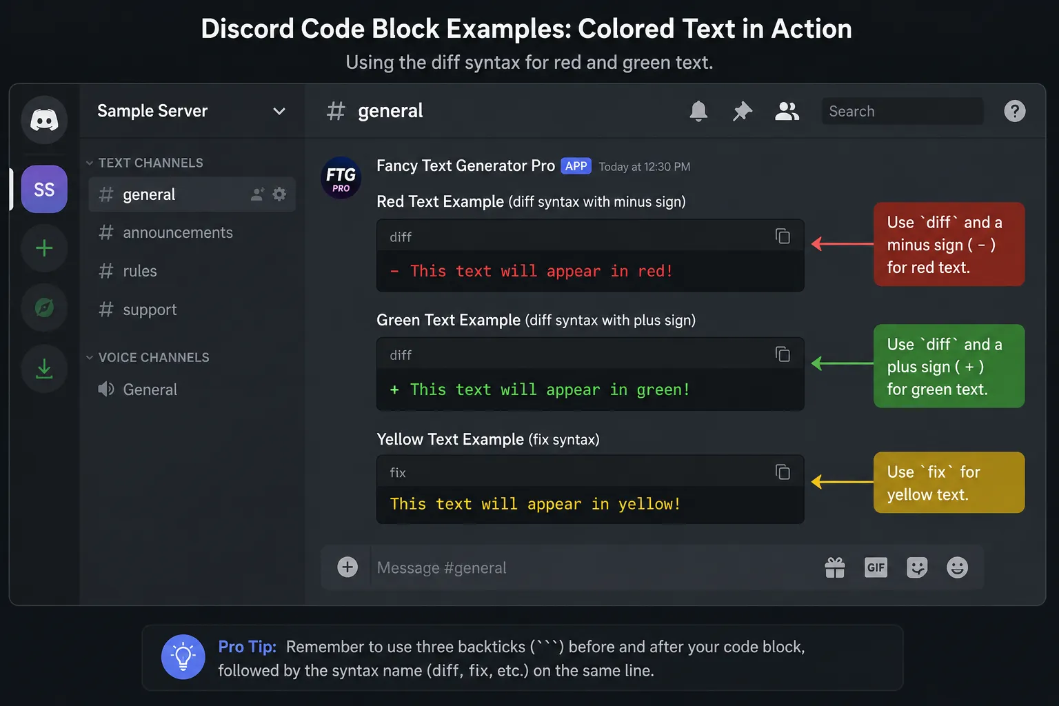 Discord colored text example using diff syntax code blocks